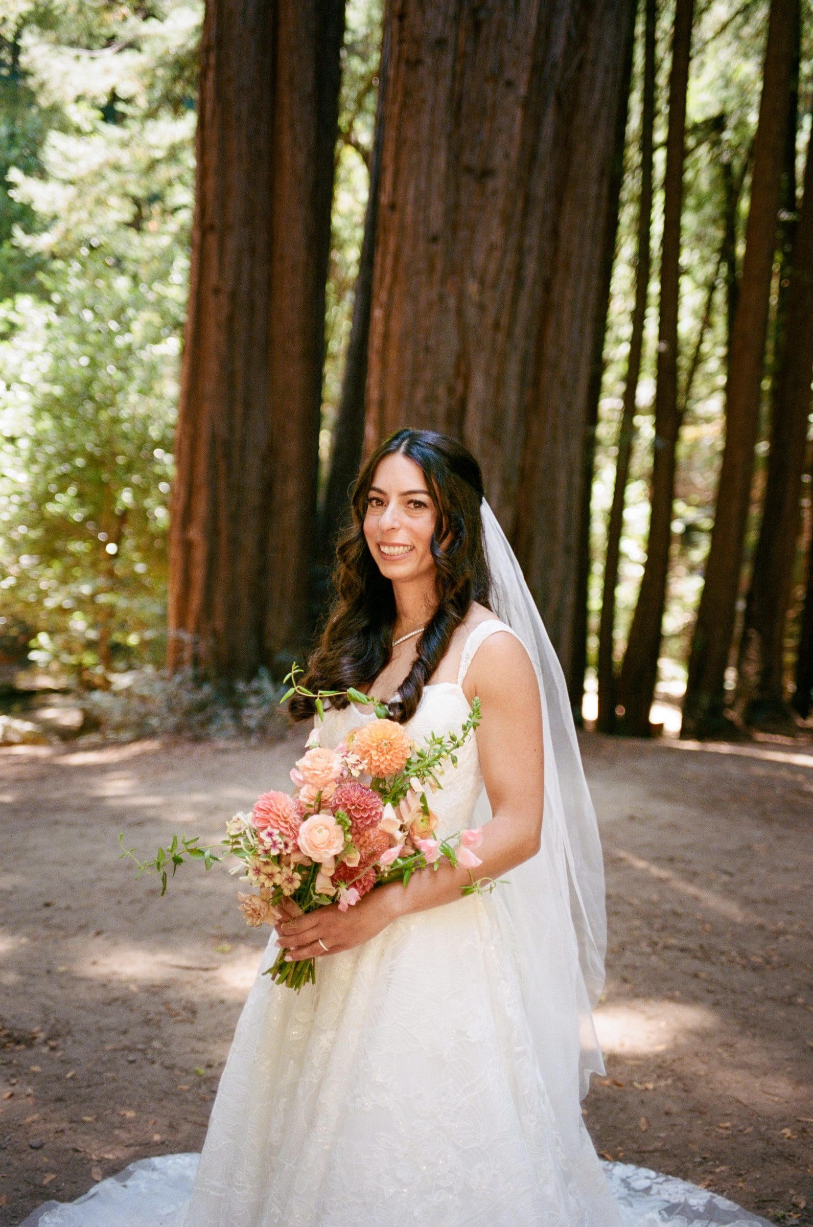 Lala with her bouquet among the redwoods in Mill Valley, on film