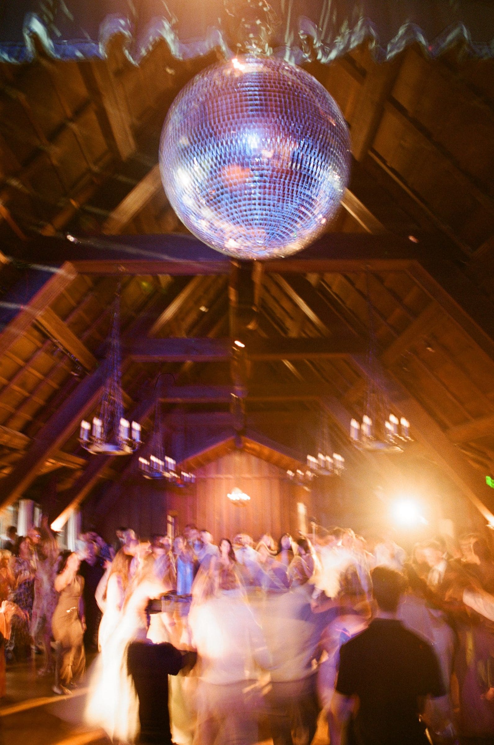 Disco ball above the dance floor, on film