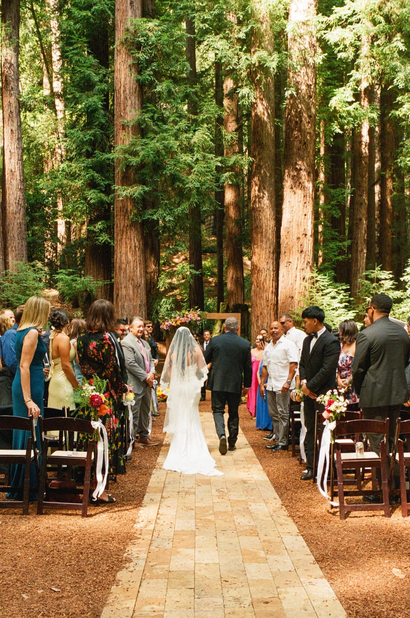 Sofia walking down the aisle through the redwood grove at Waterfall Lodge & Retreat, on film