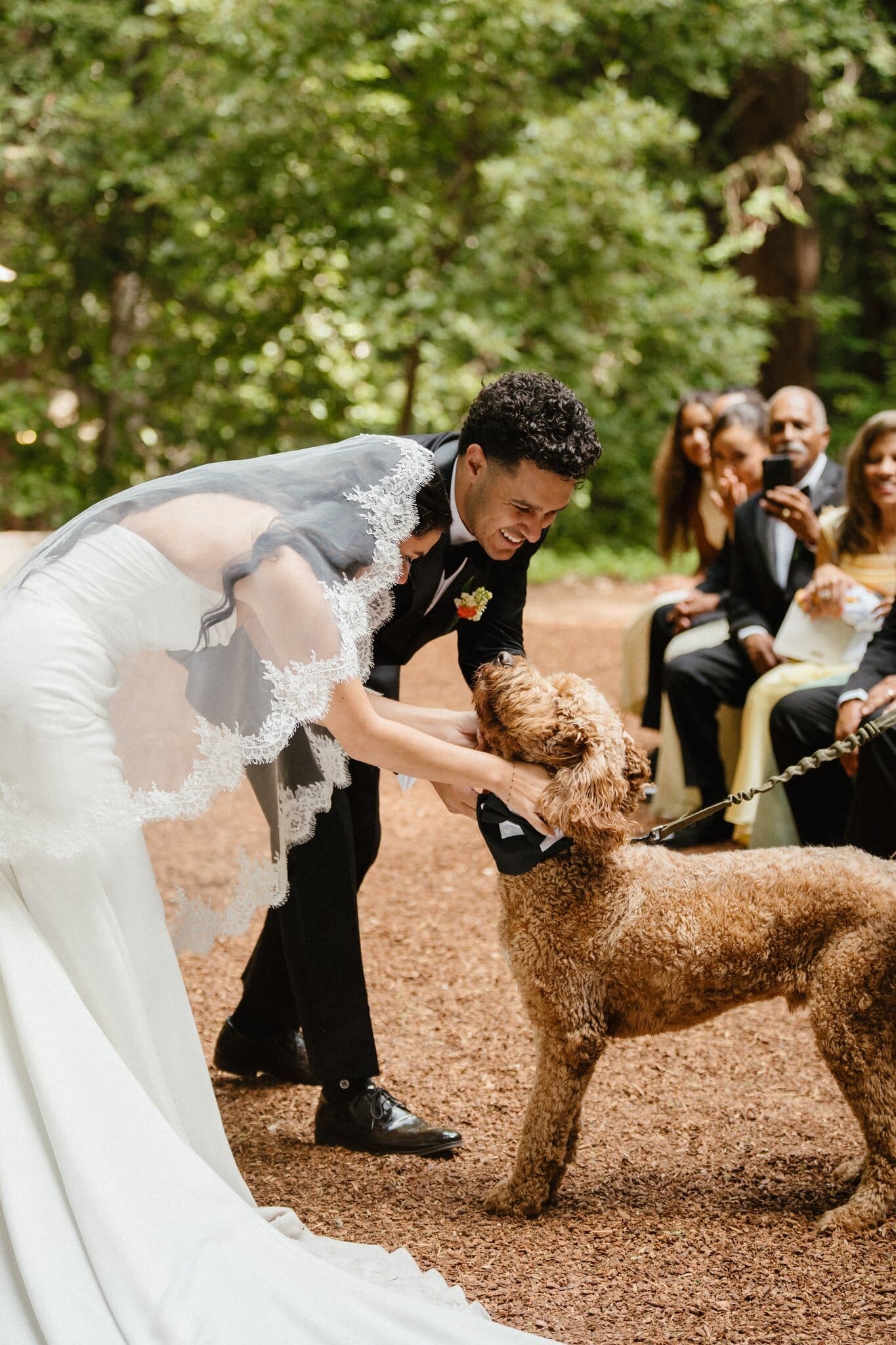 Sofia and Devin greeting the pup at the ceremony arch