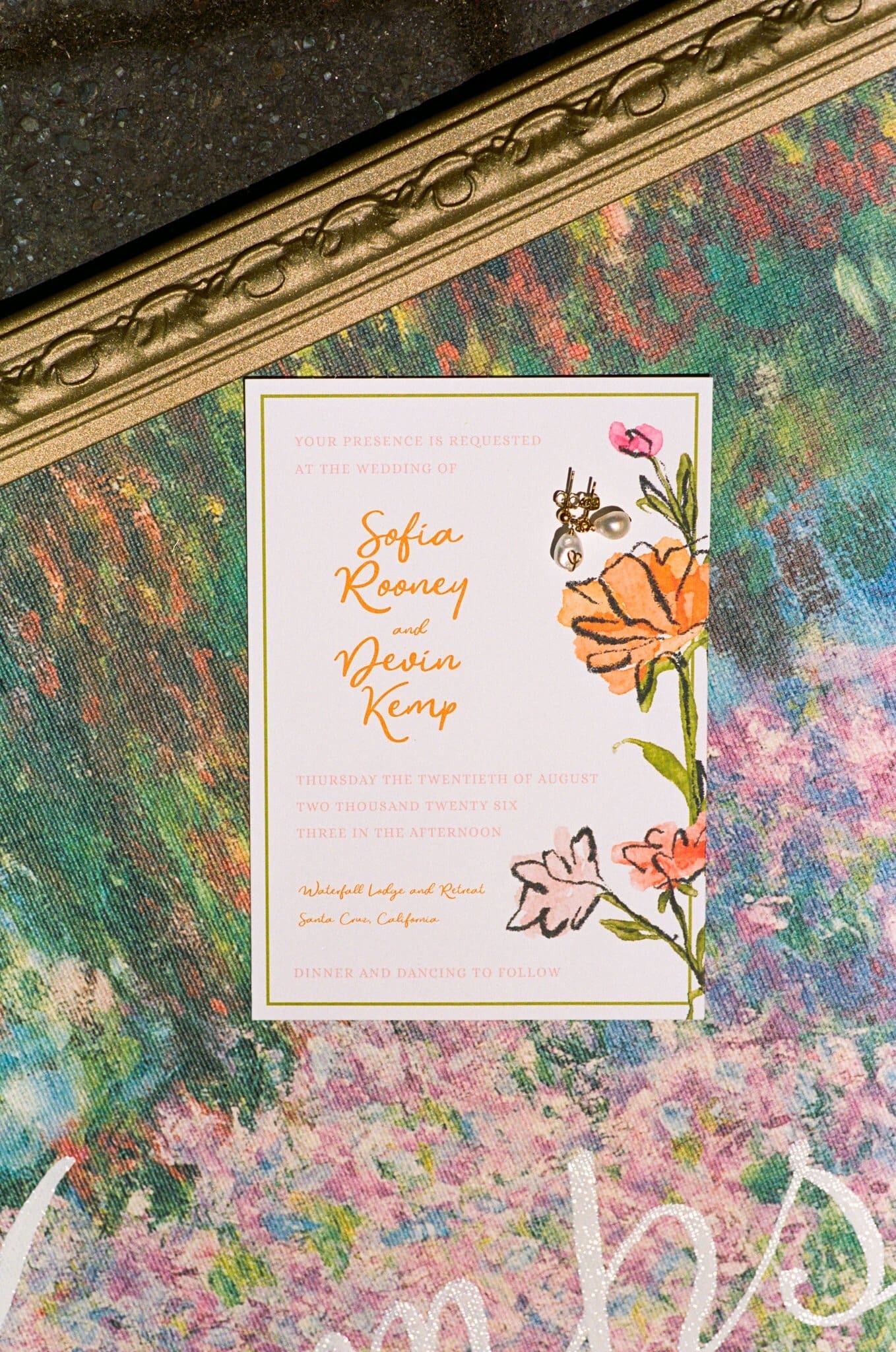 Hand-painted wedding invitation for Devin and Sofia on film