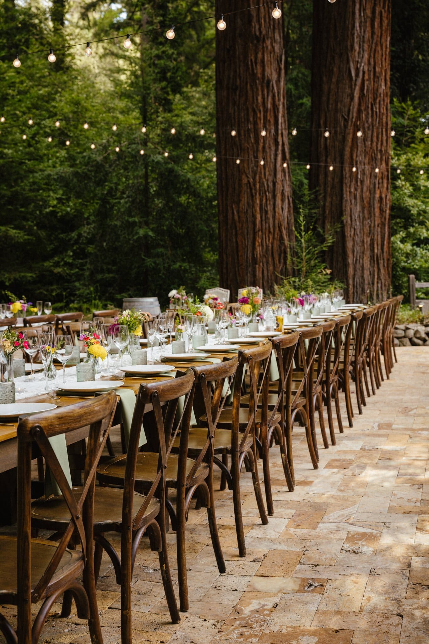 Long reception tables beneath string lights in the redwoods