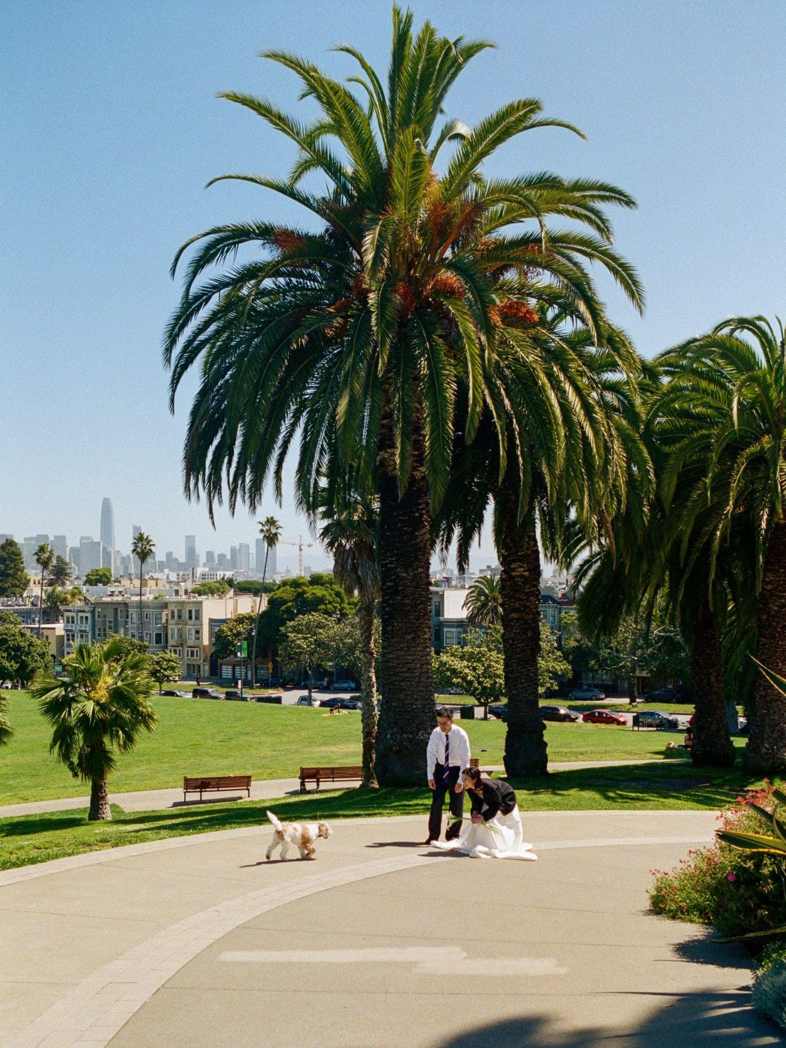 Hsiang and Ting walking through Dolores Park, on film