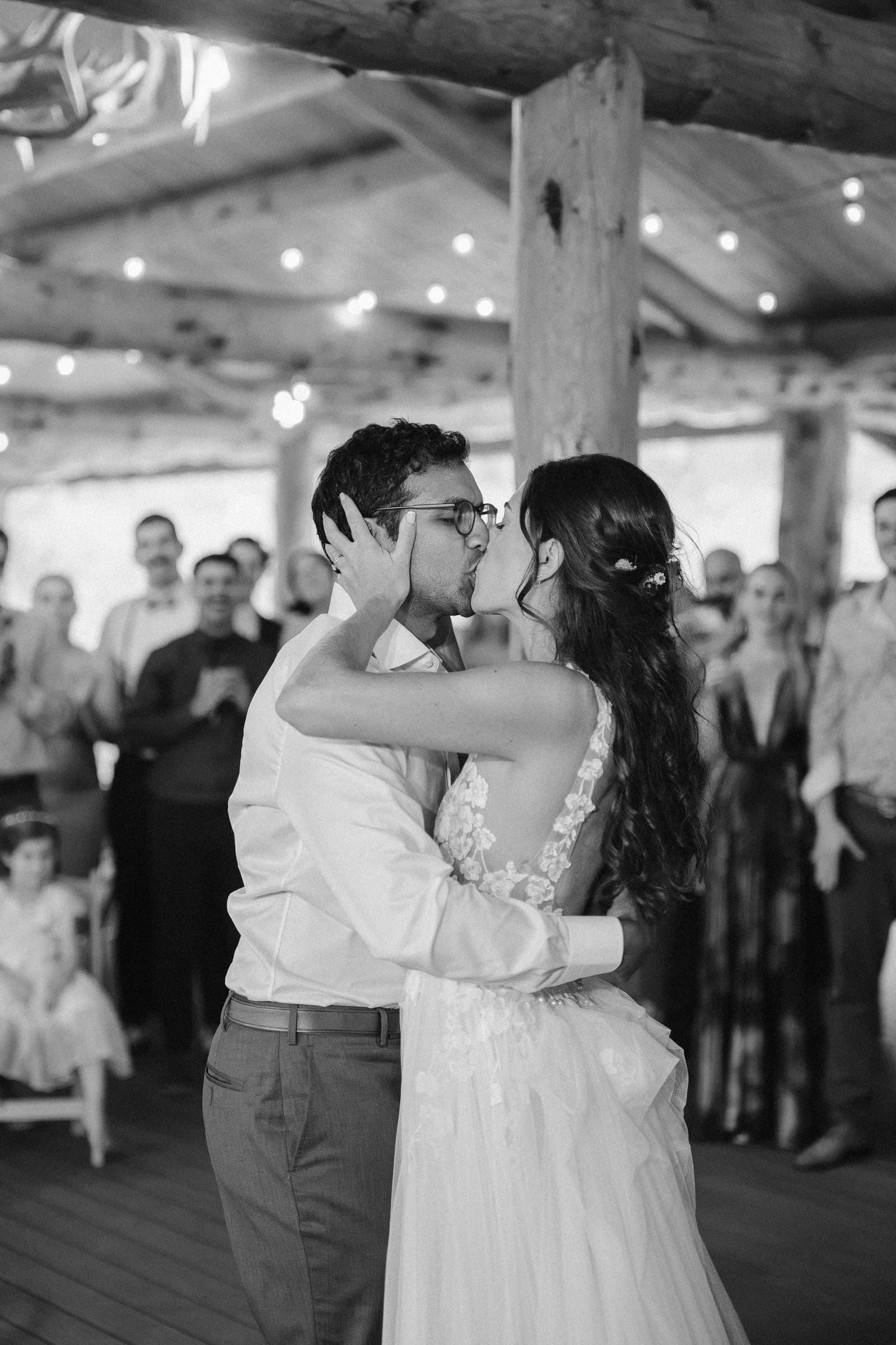 Raj and Isabelle's kiss on the dance floor, black and white